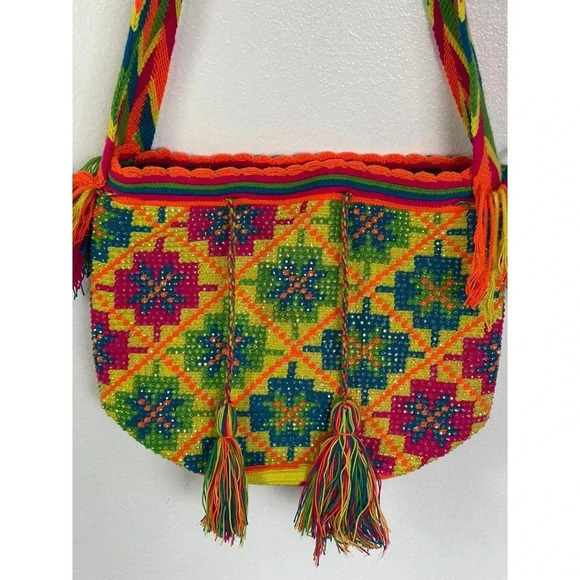 Aztec Crochet Crossbody Shoulder Messenger Bag Multicolor - Picture 2 of 12